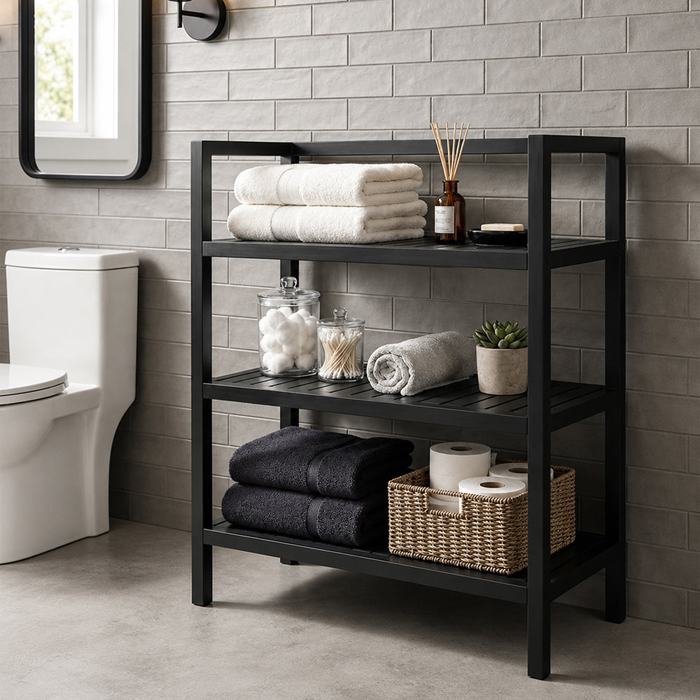 Wooden Storage Rack With 3 Shelves, Large - Black