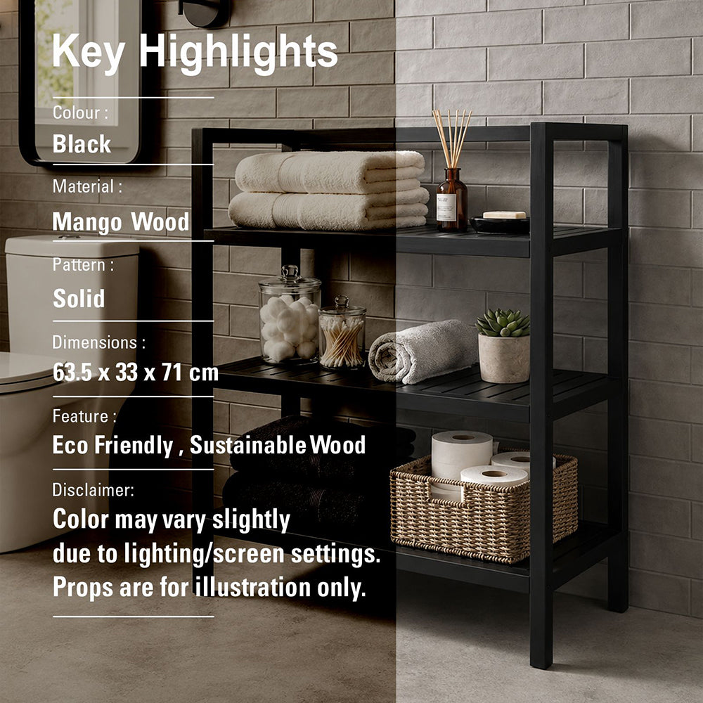 Wooden Storage Rack With 3 Shelves, Large - Black