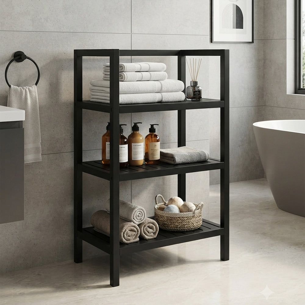 Wooden Storage Rack With 3 Shelves, Medium - Black