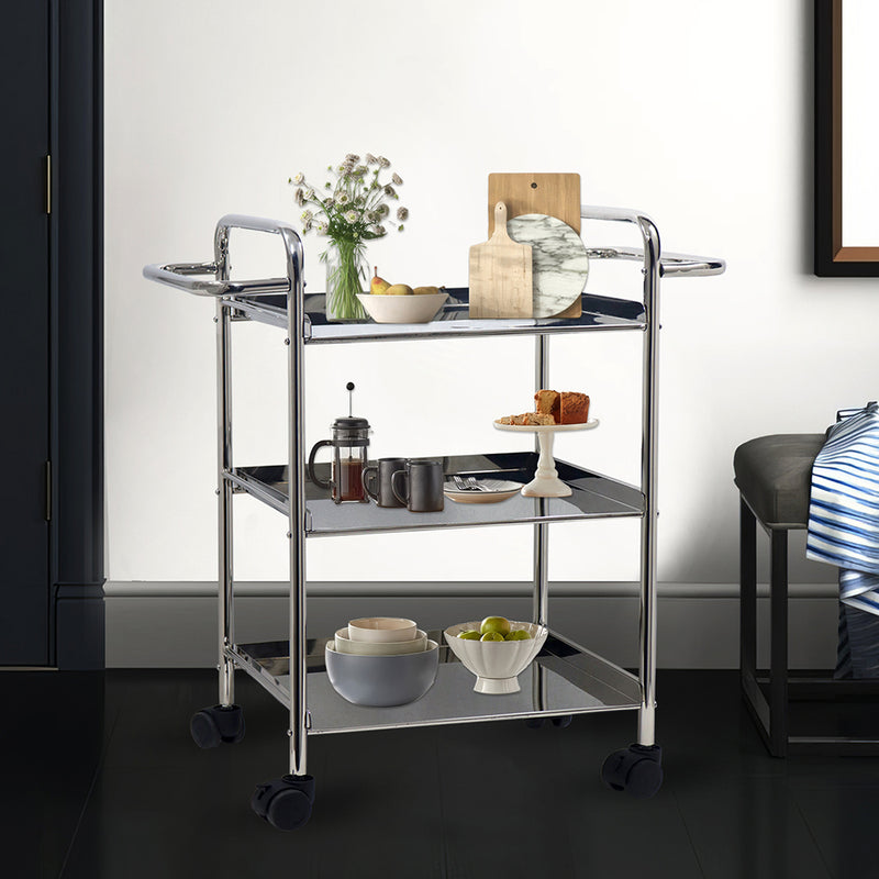 Kitchen Cart 3-Tier Revolving Multipurpose Kitchen Cart with Wheels | Silver Steel Kitchen Trolley
