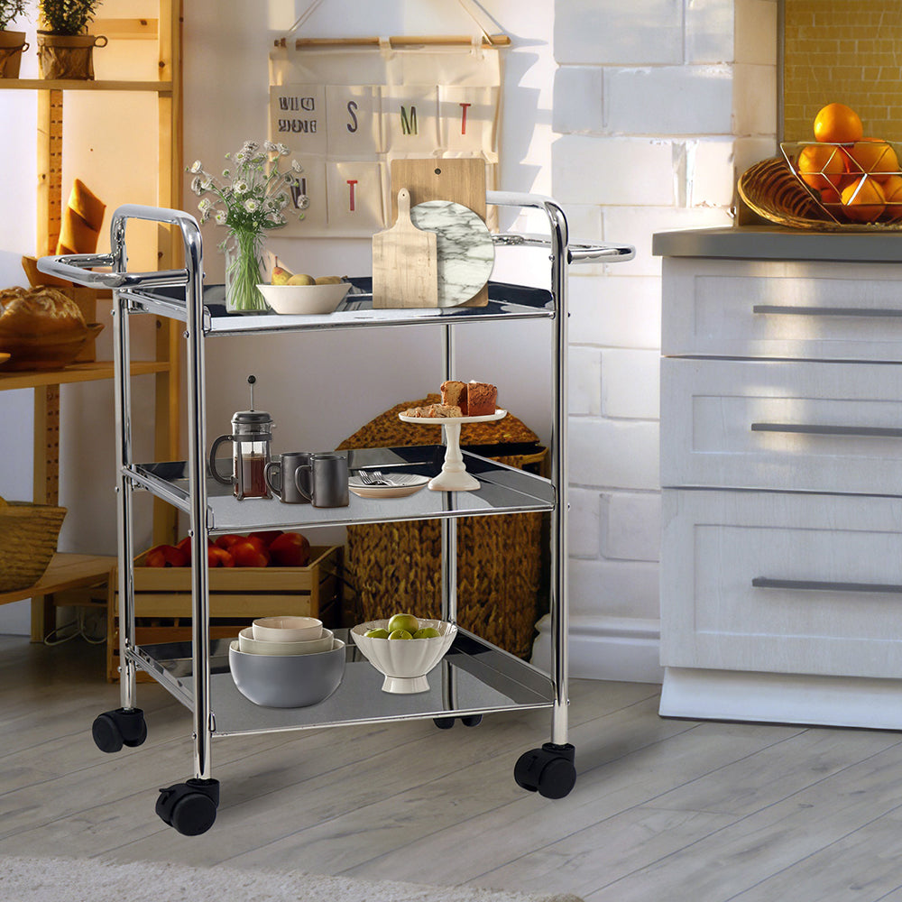 Kitchen Cart 3-Tier Revolving Multipurpose Kitchen Cart with Wheels | Silver Steel Kitchen Trolley