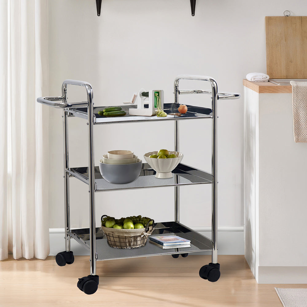 Kitchen Cart 3-Tier Revolving Multipurpose Kitchen Cart with Wheels | Silver Steel Kitchen Trolley