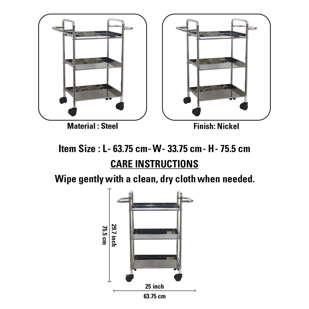 Kitchen Cart 3-Tier Revolving Multipurpose Kitchen Cart with Wheels | Silver Steel Kitchen Trolley