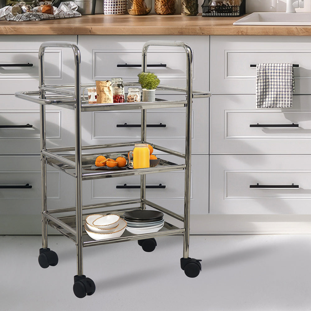 Kitchen Cart 3-Tier Revolving Multipurpose Kitchen Cart with Wheels | Silver Steel Kitchen Trolley