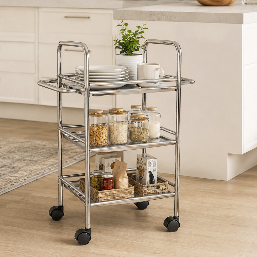 Metal 3 Tier Serving Trolley - Silver