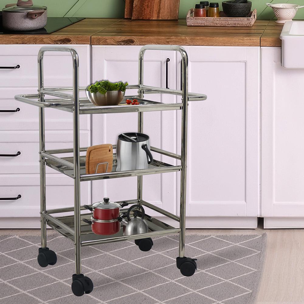 Kitchen Cart 3-Tier Revolving Multipurpose Kitchen Cart with Wheels | Silver Steel Kitchen Trolley