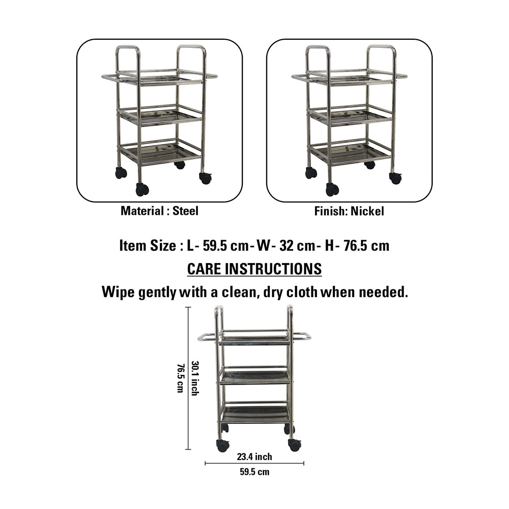 Kitchen Cart 3-Tier Revolving Multipurpose Kitchen Cart with Wheels | Silver Steel Kitchen Trolley