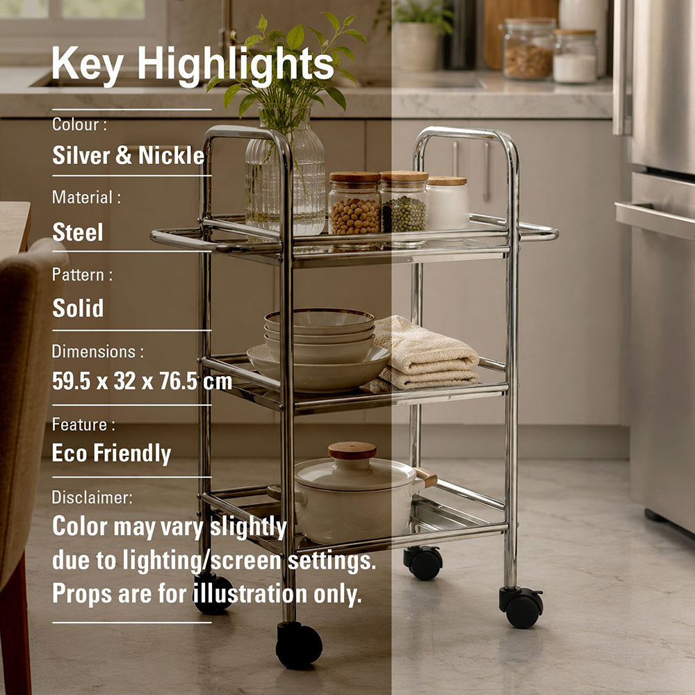 Metal 3 Tier Serving Trolley - Silver