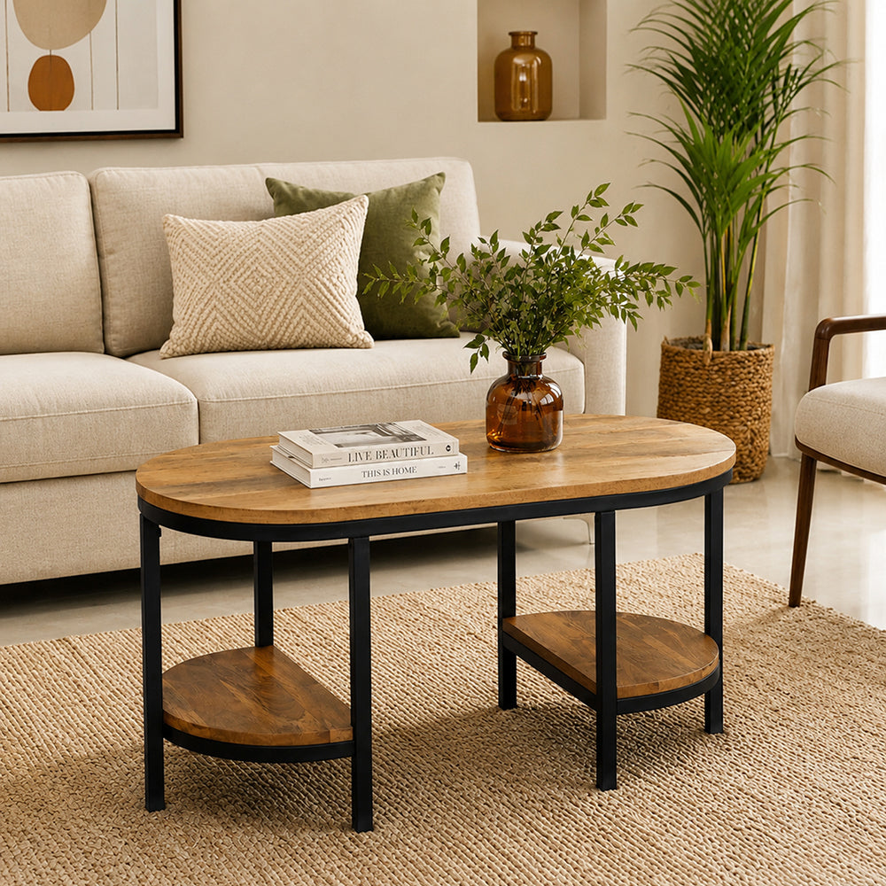 Glanz Wooden Coffee Table With Shelves - Natural