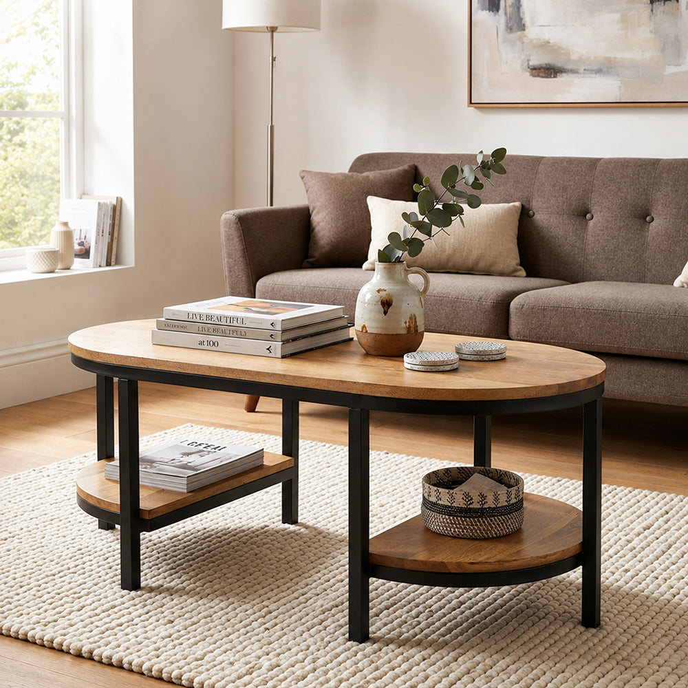 Glanz Wooden Coffee Table With Shelves - Natural