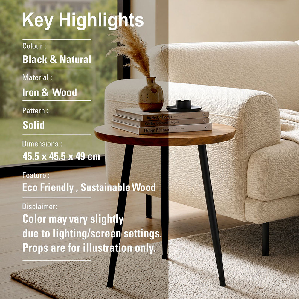 Tripod Metal Side Table With Wooden Top - Natural