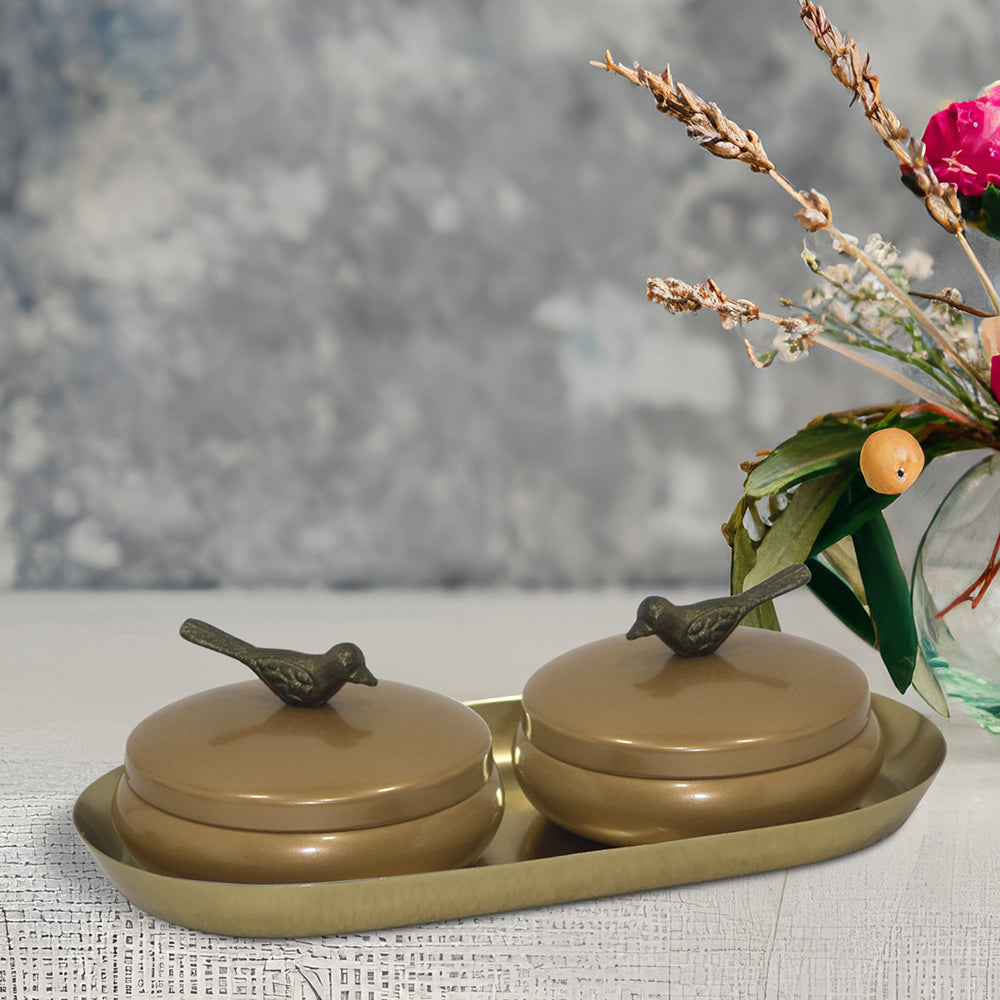 Metalsmith 2 Decorative Dryfruit Boxes With 1 Tray I Multipurpose Containers With Lid For Storing Snacks, Dryfruits, Pickels, Cookies