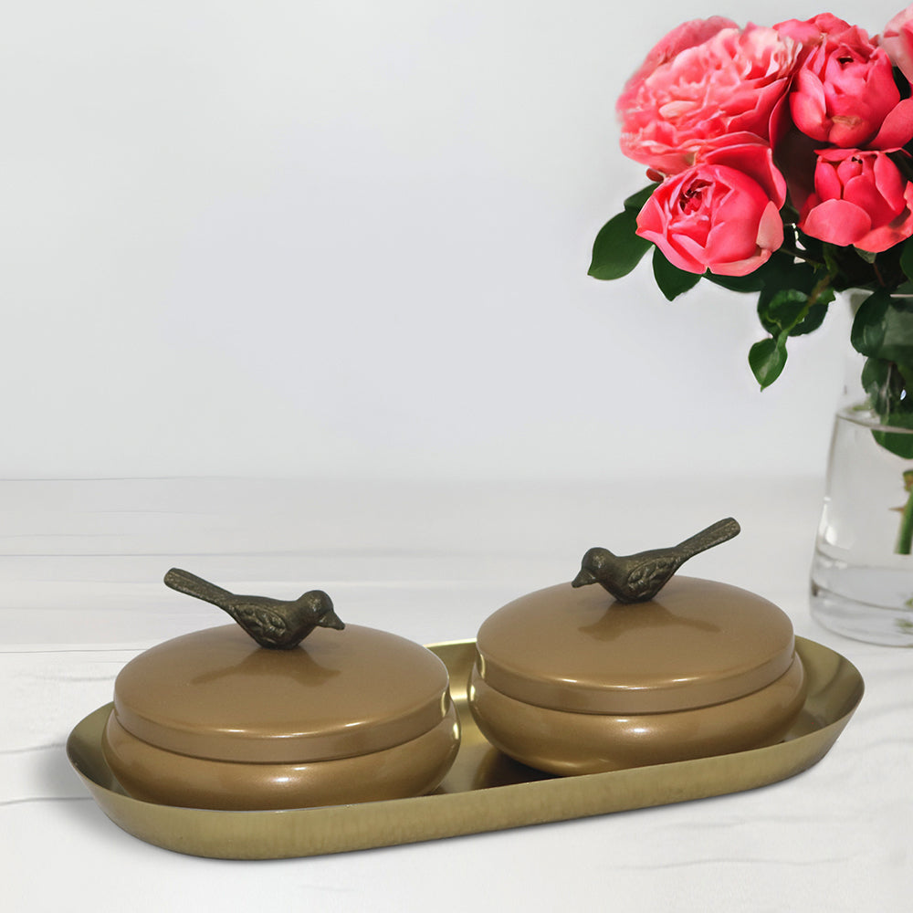 Metalsmith 2 Decorative Dryfruit Boxes With 1 Tray I Multipurpose Containers With Lid For Storing Snacks, Dryfruits, Pickels, Cookies