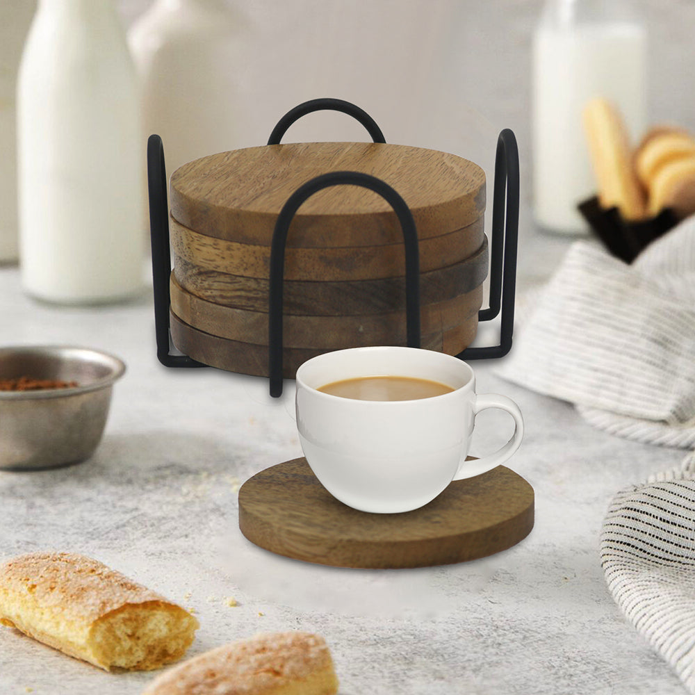 Elegant Iron Stand With Wooden Coaster For Home , Office Pack Of Six Coaster