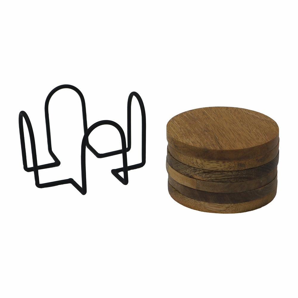 Elegant Iron Stand With Wooden Coaster For Home , Office Pack Of Six Coaster