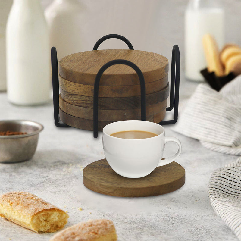 Wooden Coasters With Stand, Pack Of 6 - Natural
