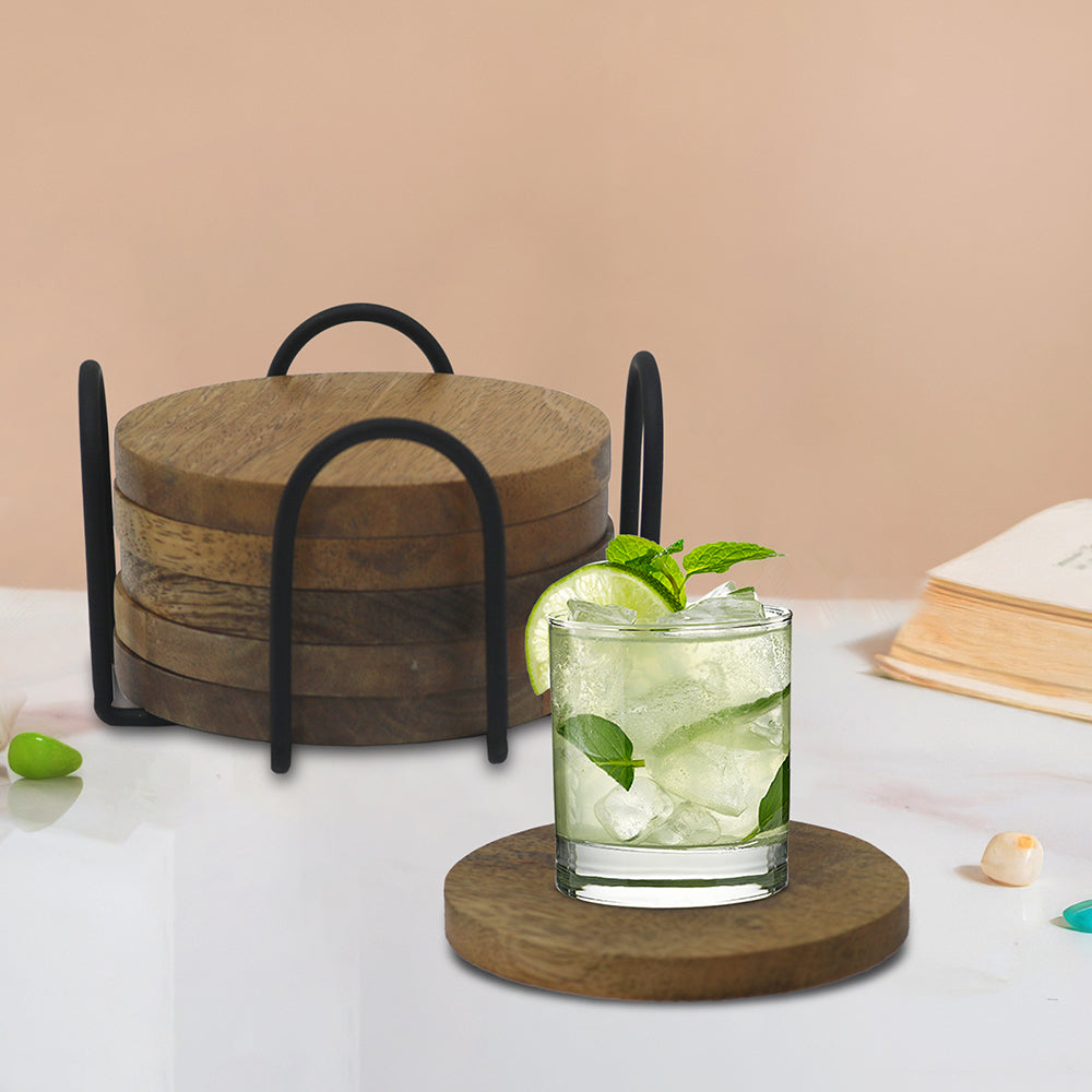Elegant Iron Stand With Wooden Coaster For Home , Office Pack Of Six Coaster