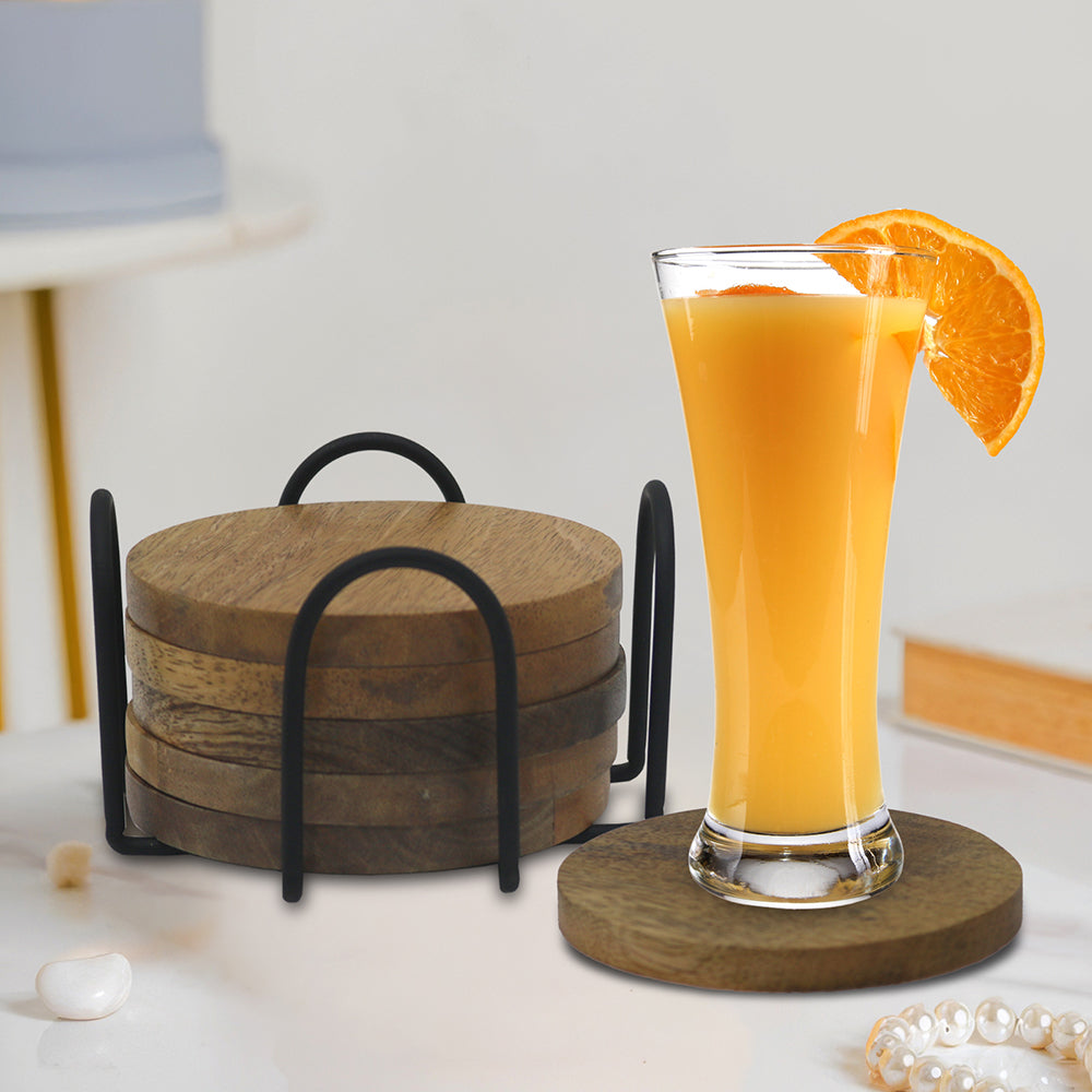 Elegant Iron Stand With Wooden Coaster For Home , Office Pack Of Six Coaster