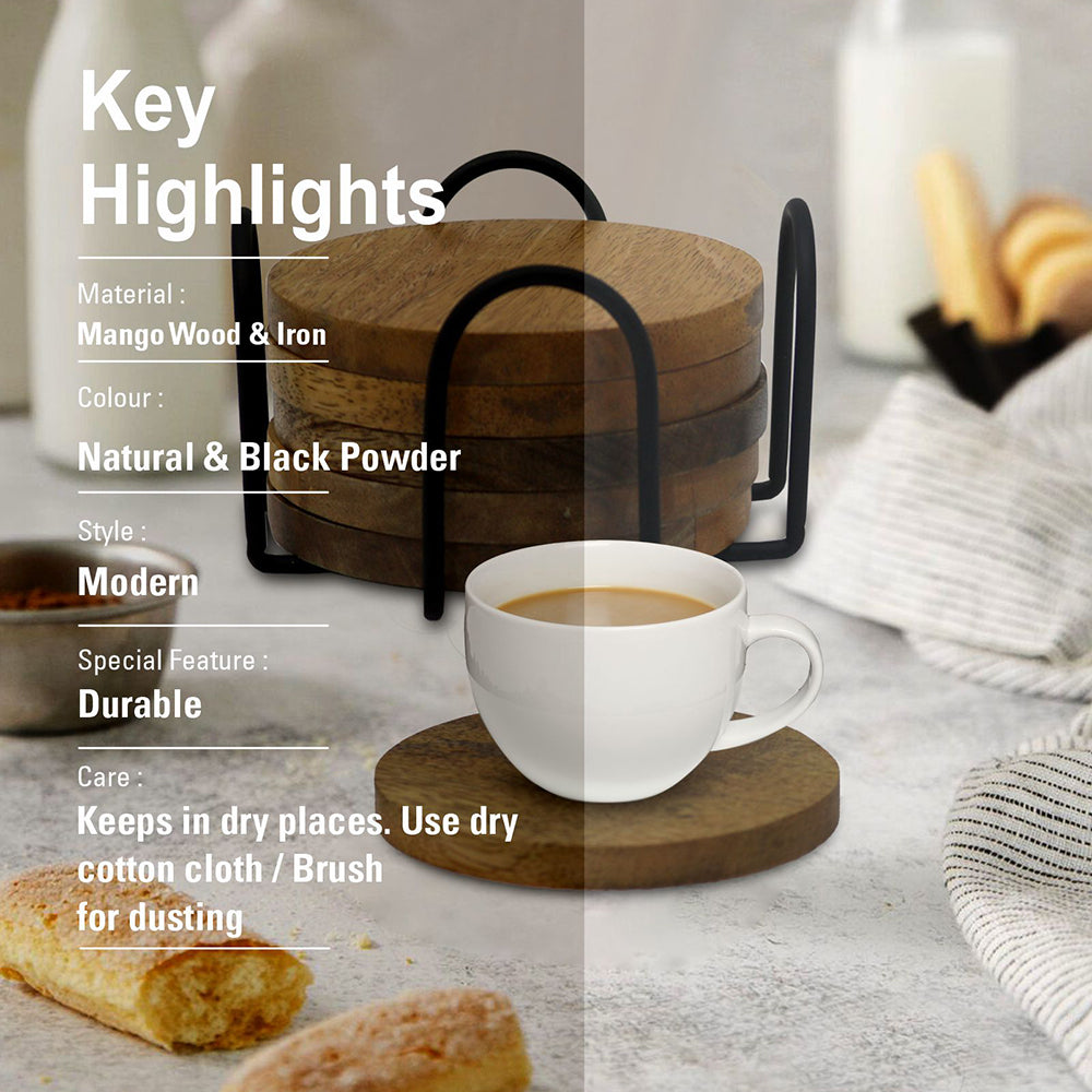 Elegant Iron Stand With Wooden Coaster For Home , Office Pack Of Six Coaster