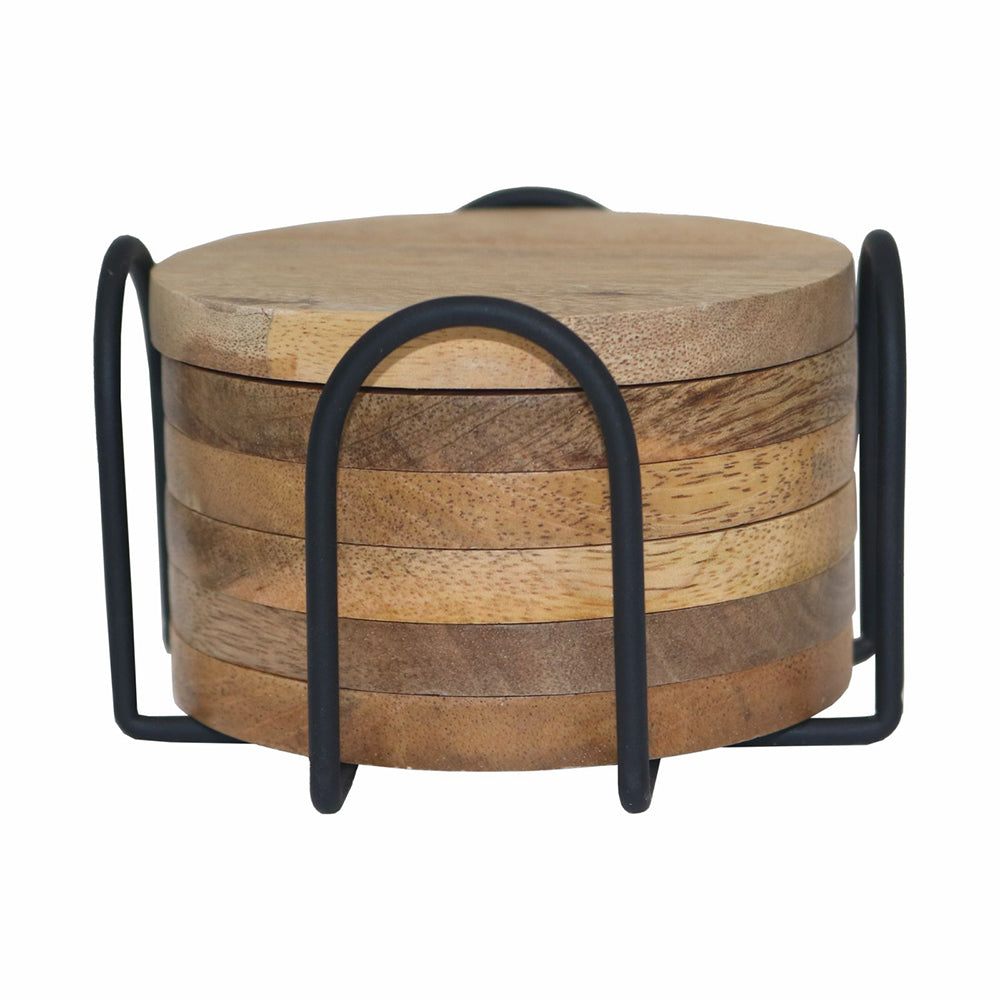 Elegant Iron Stand With Wooden Coaster For Home , Office Pack Of Six Coaster