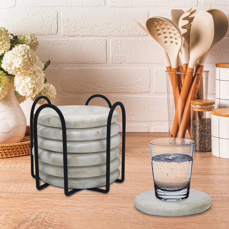 Elegant Iron Stand With Marble Coaster For Home , Office Pack Of Six Coaster