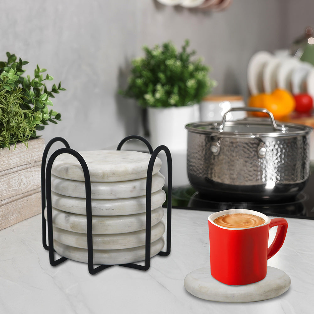 Elegant Iron Stand With Marble Coaster For Home , Office Pack Of Six Coaster