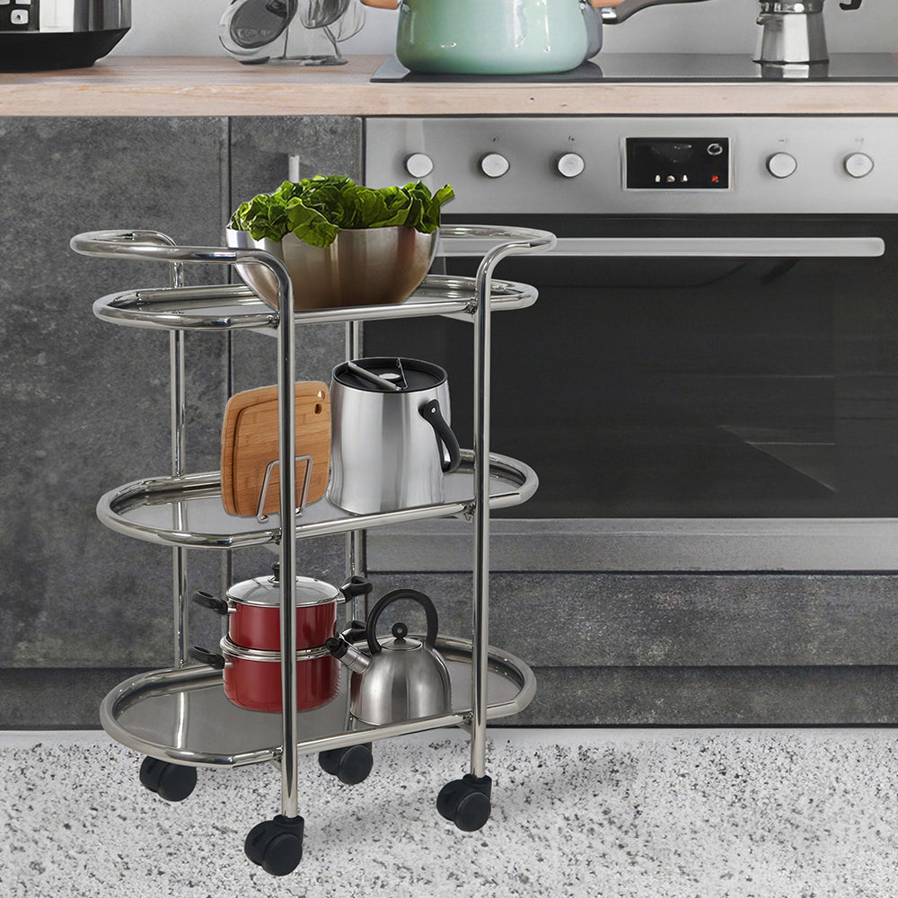 Kitchen Cart 3-Tier Revolving Multipurpose Kitchen Cart with Wheels | Silver Steel Kitchen Trolley