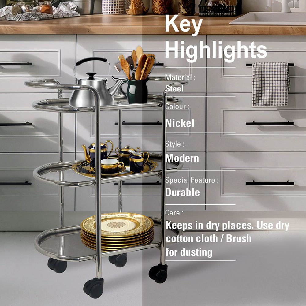 Kitchen Cart 3-Tier Revolving Multipurpose Kitchen Cart with Wheels | Silver Steel Kitchen Trolley