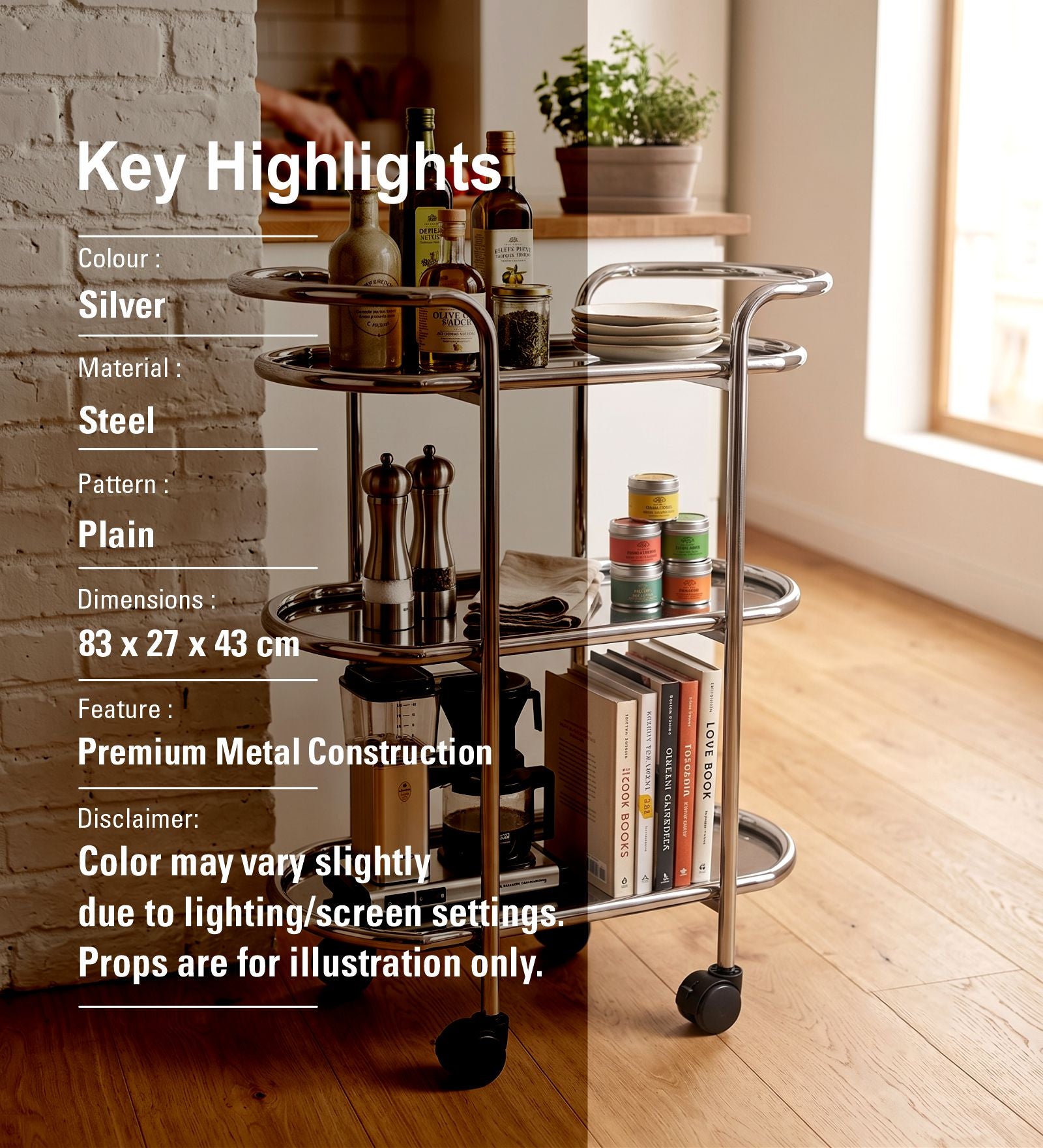 Metal 3 Tier Serving Trolley, Oval - Silver