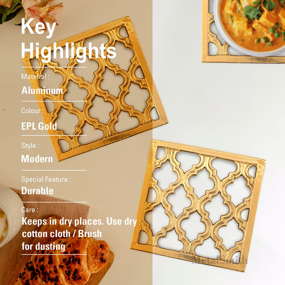 Metal Square Non-Slip Dining Place Gold Finish Trivet For Kitchen ( Pack of 1 )