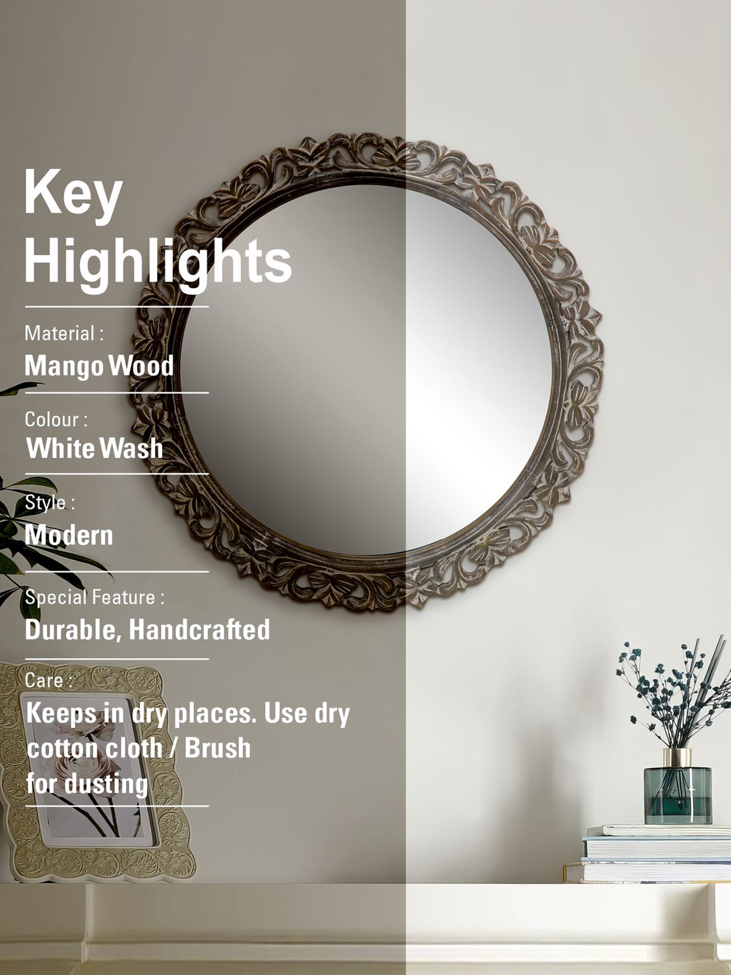 Decorative Hanging Mirror With Wooden Frame For Bathroom Wall Décor And Living Room