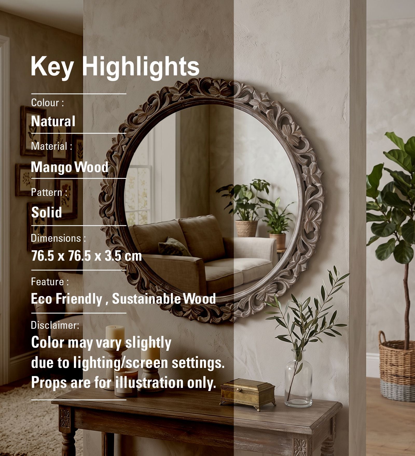 Round Wall Mirror With Wooden Frame - Natural