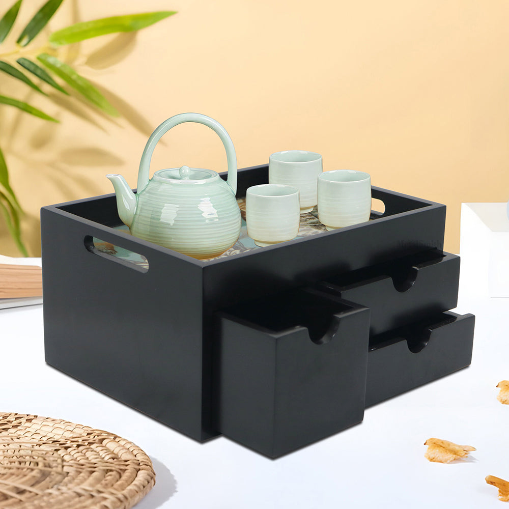 Wooden Serving Tray With Storage Drawer - Brown