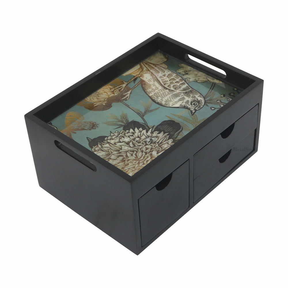 Wooden Serving Tray With Storage Drawer - Brown