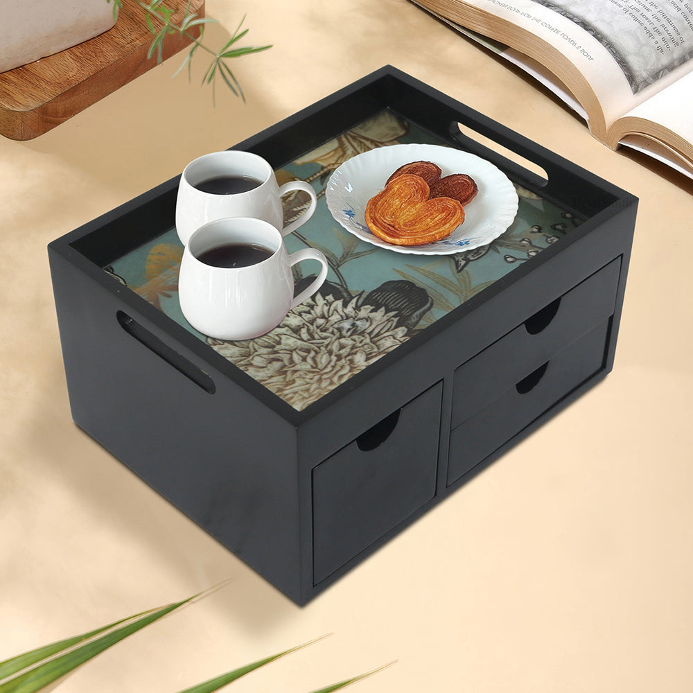 Wooden Serving Tray With Storage Drawer - Brown
