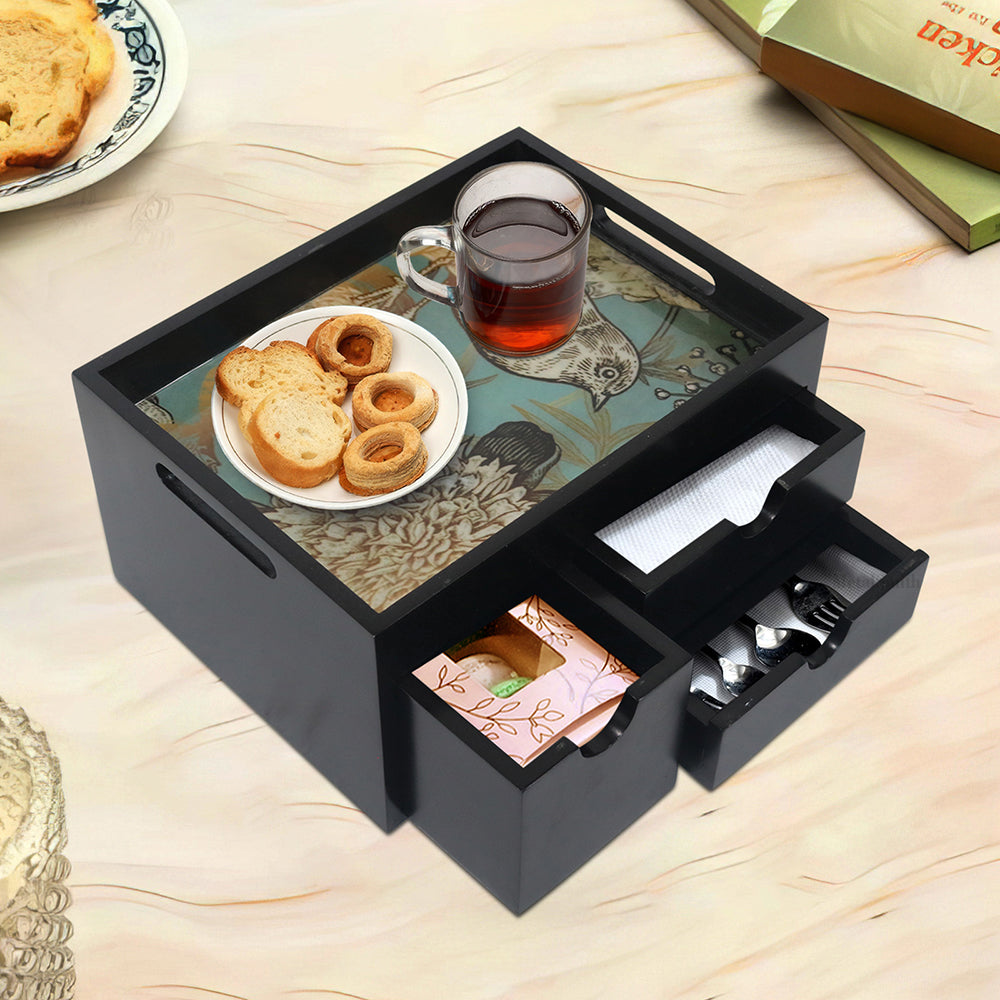 Wooden Serving Tray With Storage Drawer - Brown