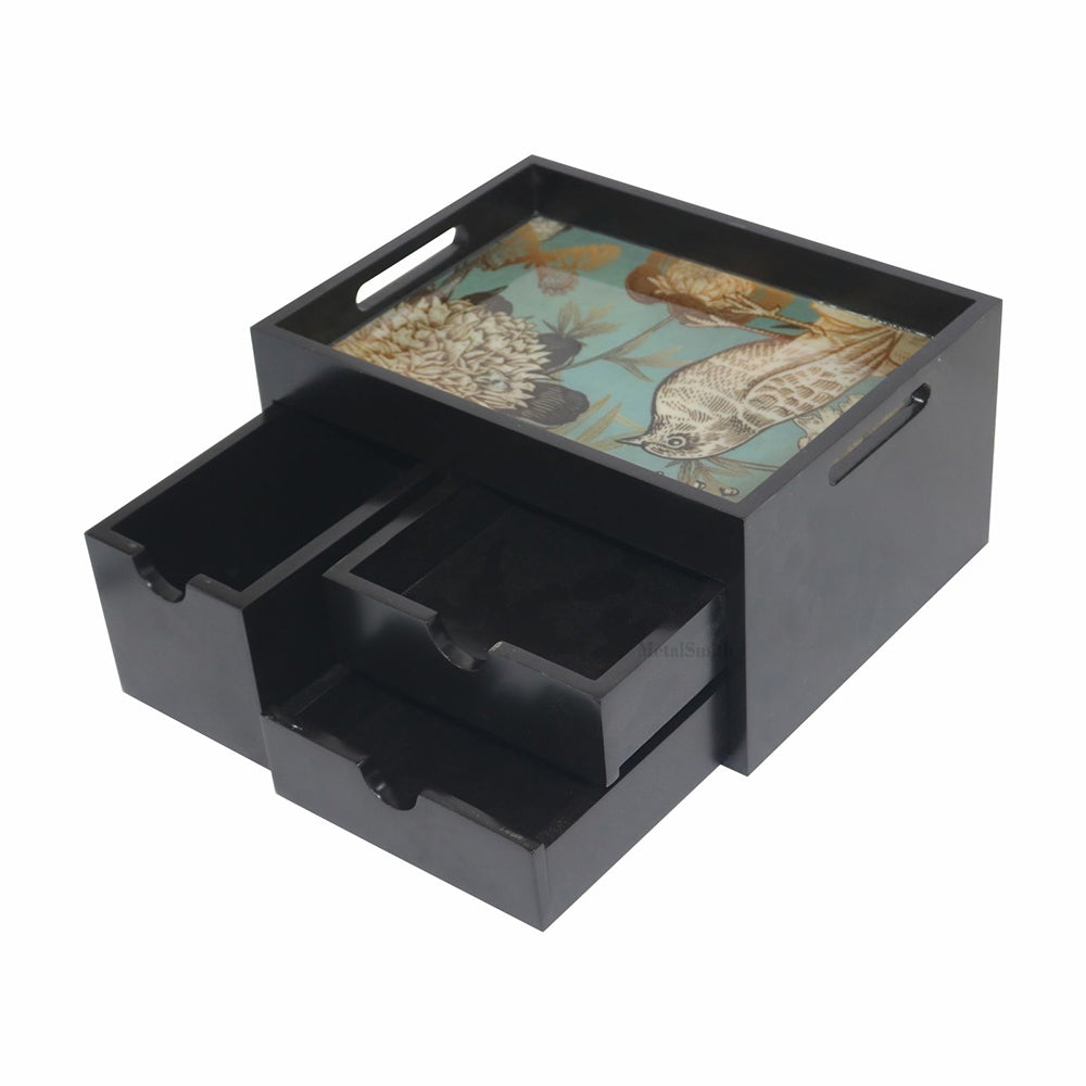 Wooden Serving Tray With Storage Drawer - Brown