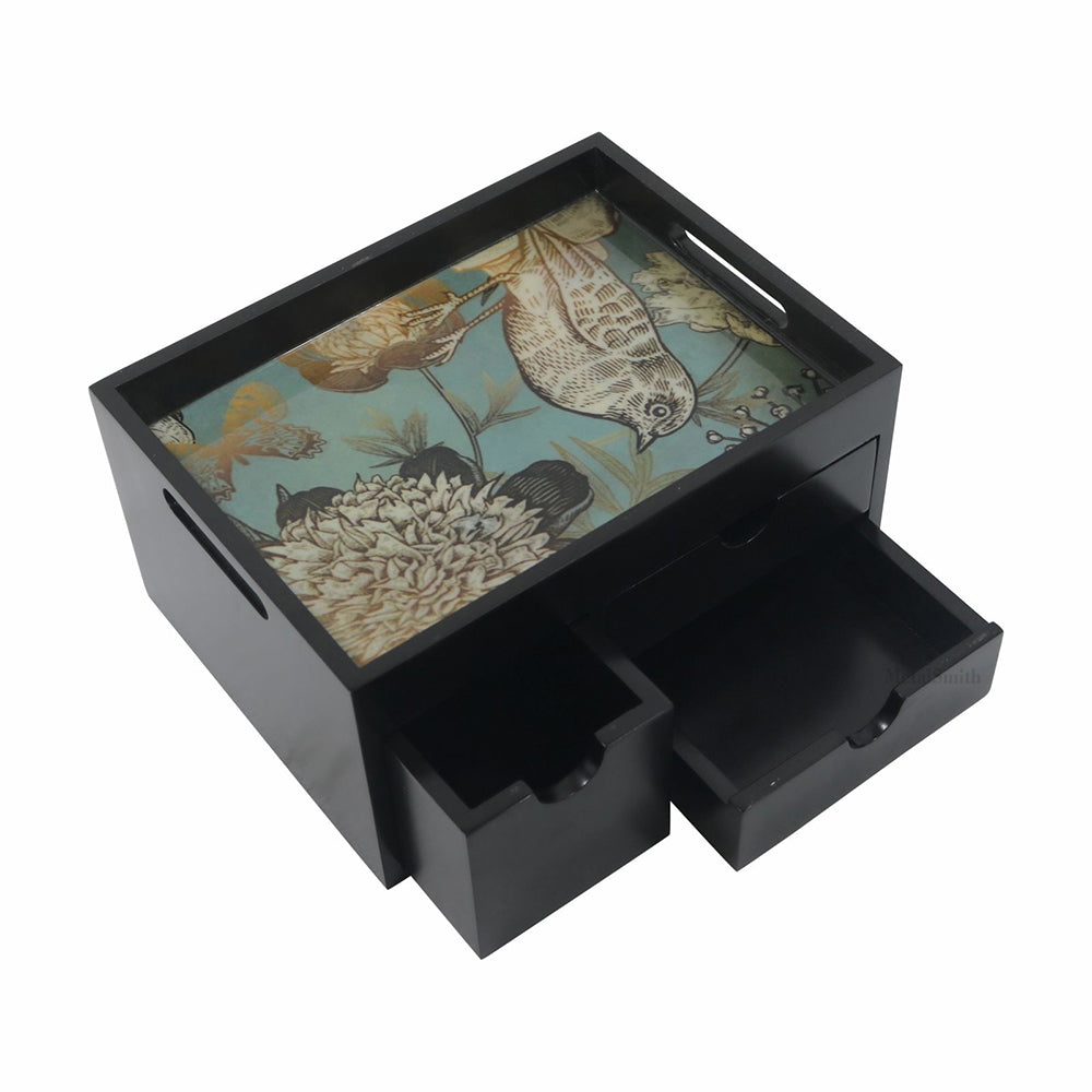 Wooden Serving Tray With Storage Drawer - Brown
