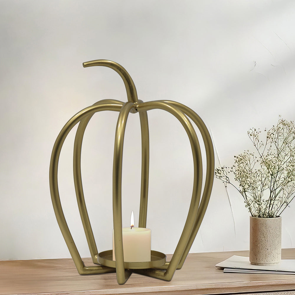 Pumpkin Shaped Metal Candle Holder - Gold