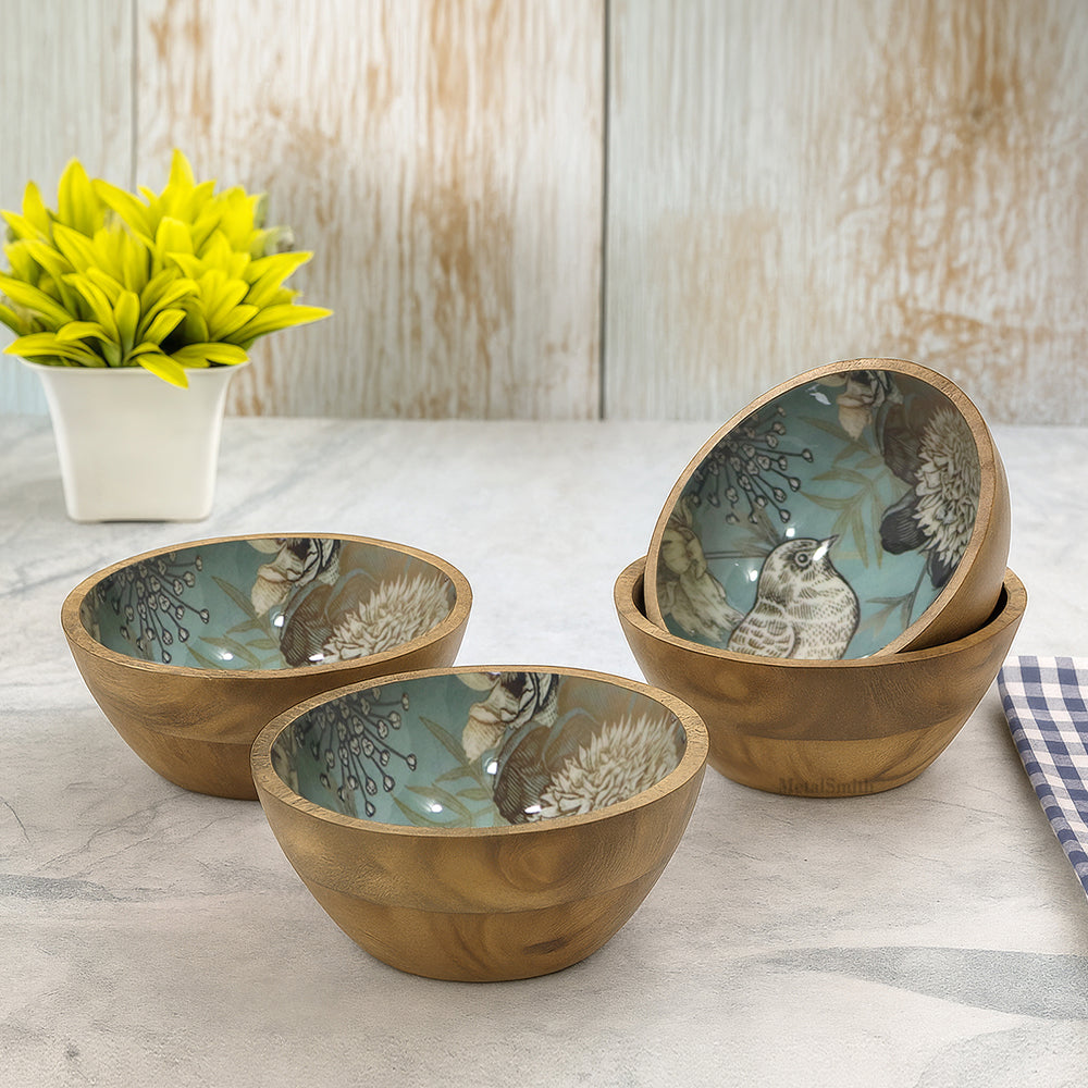 Set of 4 Wooden Serving Bowls | Natural Wood Exterior with Enamel Interior | Rustic & Modern Dinnerware