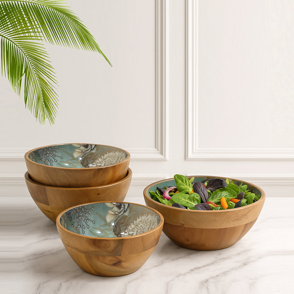 Set of 4 Wooden Serving Bowls | Natural Wood Exterior with Enamel Interior | Rustic & Modern Dinnerware