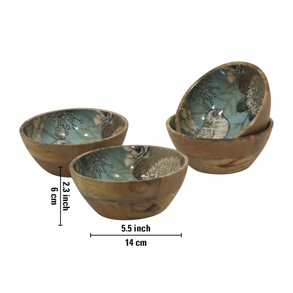 Set of 4 Wooden Serving Bowls | Natural Wood Exterior with Enamel Interior | Rustic & Modern Dinnerware