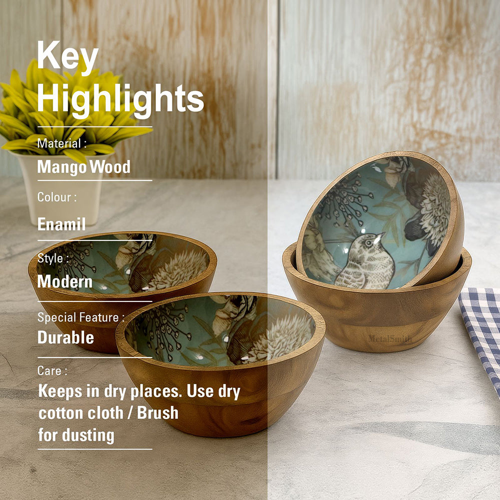 Set of 4 Wooden Serving Bowls | Natural Wood Exterior with Enamel Interior | Rustic & Modern Dinnerware