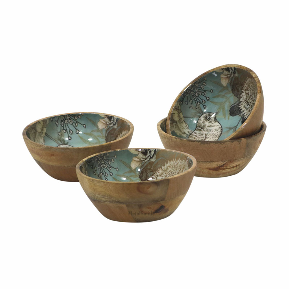 Set of 4 Wooden Serving Bowls | Natural Wood Exterior with Enamel Interior | Rustic & Modern Dinnerware