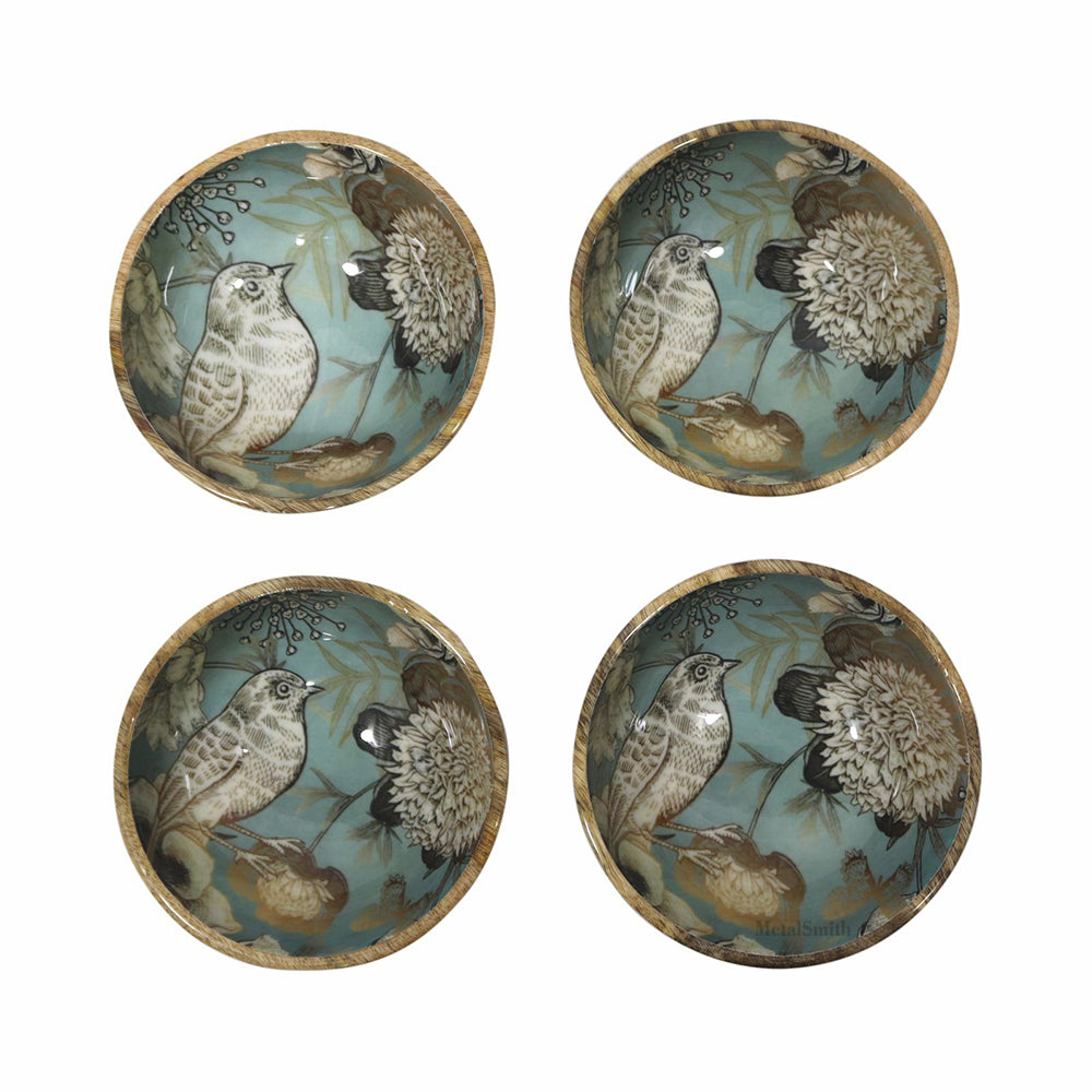 Set of 4 Wooden Serving Bowls | Natural Wood Exterior with Enamel Interior | Rustic & Modern Dinnerware