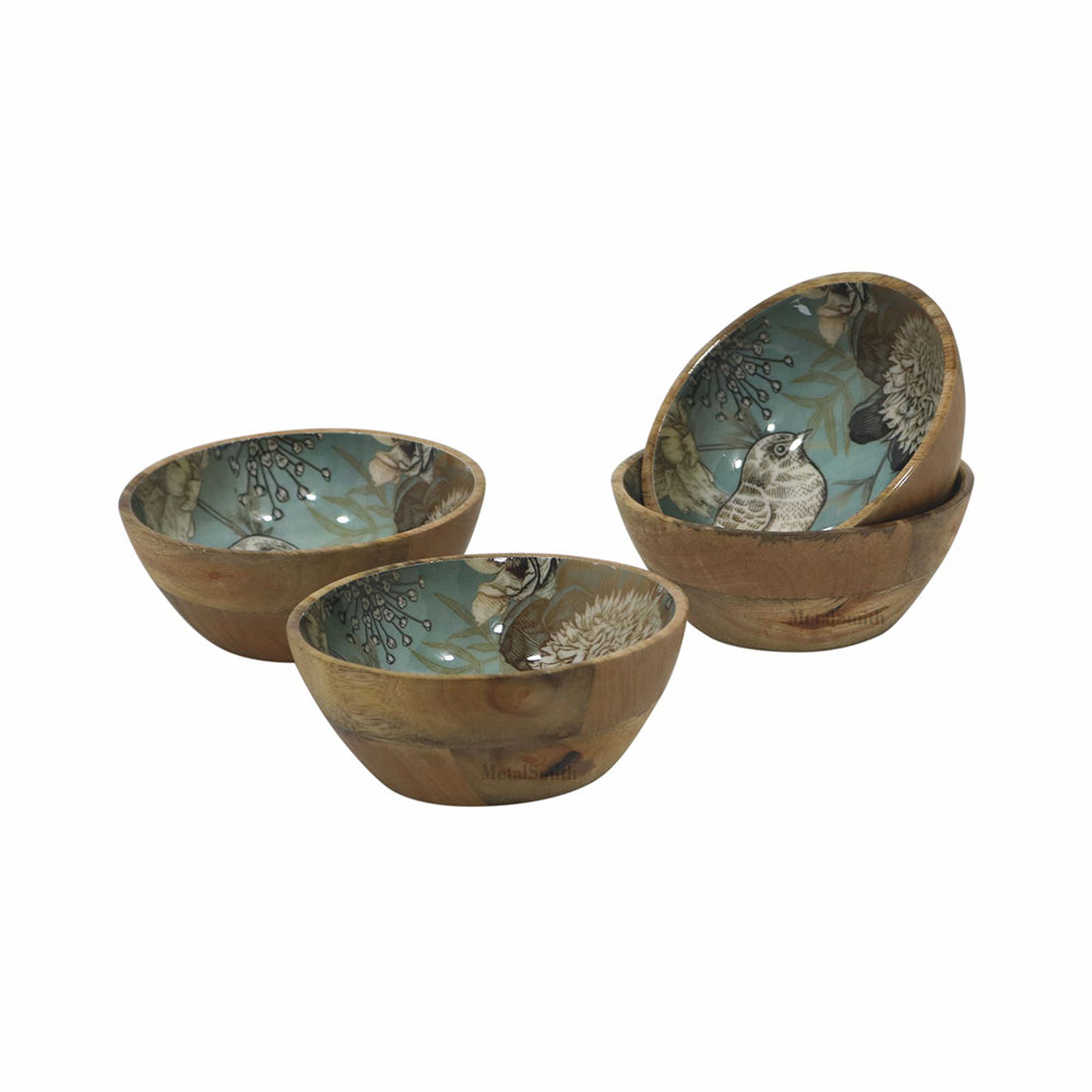 Set of 4 Wooden Serving Bowls | Natural Wood Exterior with Enamel Interior | Rustic & Modern Dinnerware