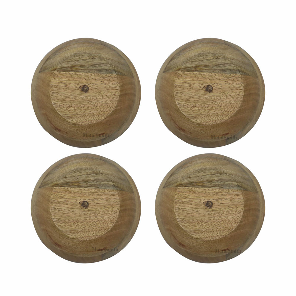 Set of 4 Wooden Serving Bowls | Natural Wood Exterior with Enamel Interior | Rustic & Modern Dinnerware
