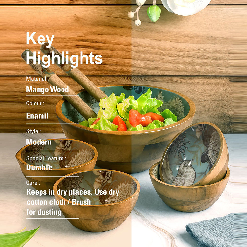 Multi-Set Wooden Serving Bowls | Natural Wood Exterior with Enamel Interior | Rustic & Modern Dinnerware