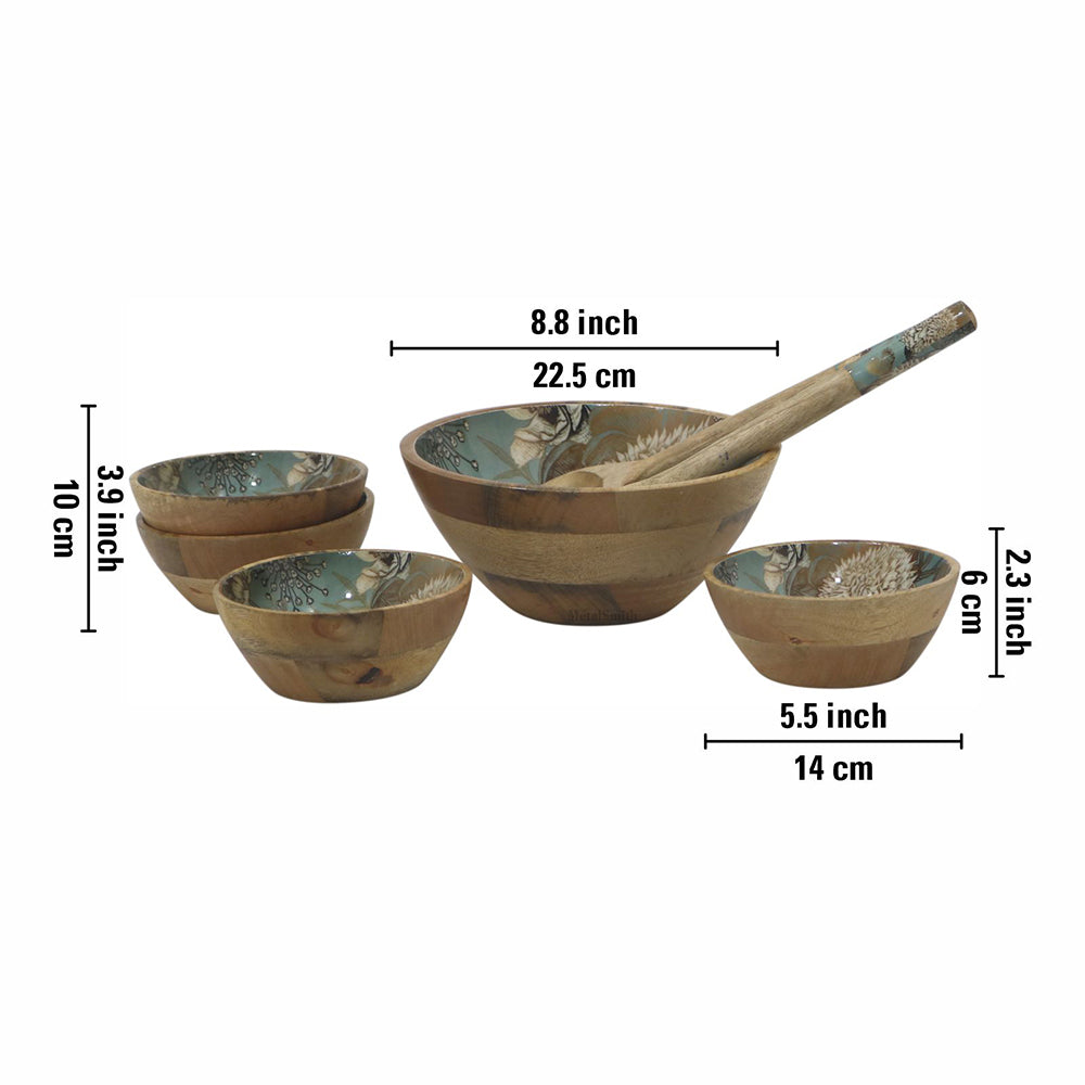 Multi-Set Wooden Serving Bowls | Natural Wood Exterior with Enamel Interior | Rustic & Modern Dinnerware