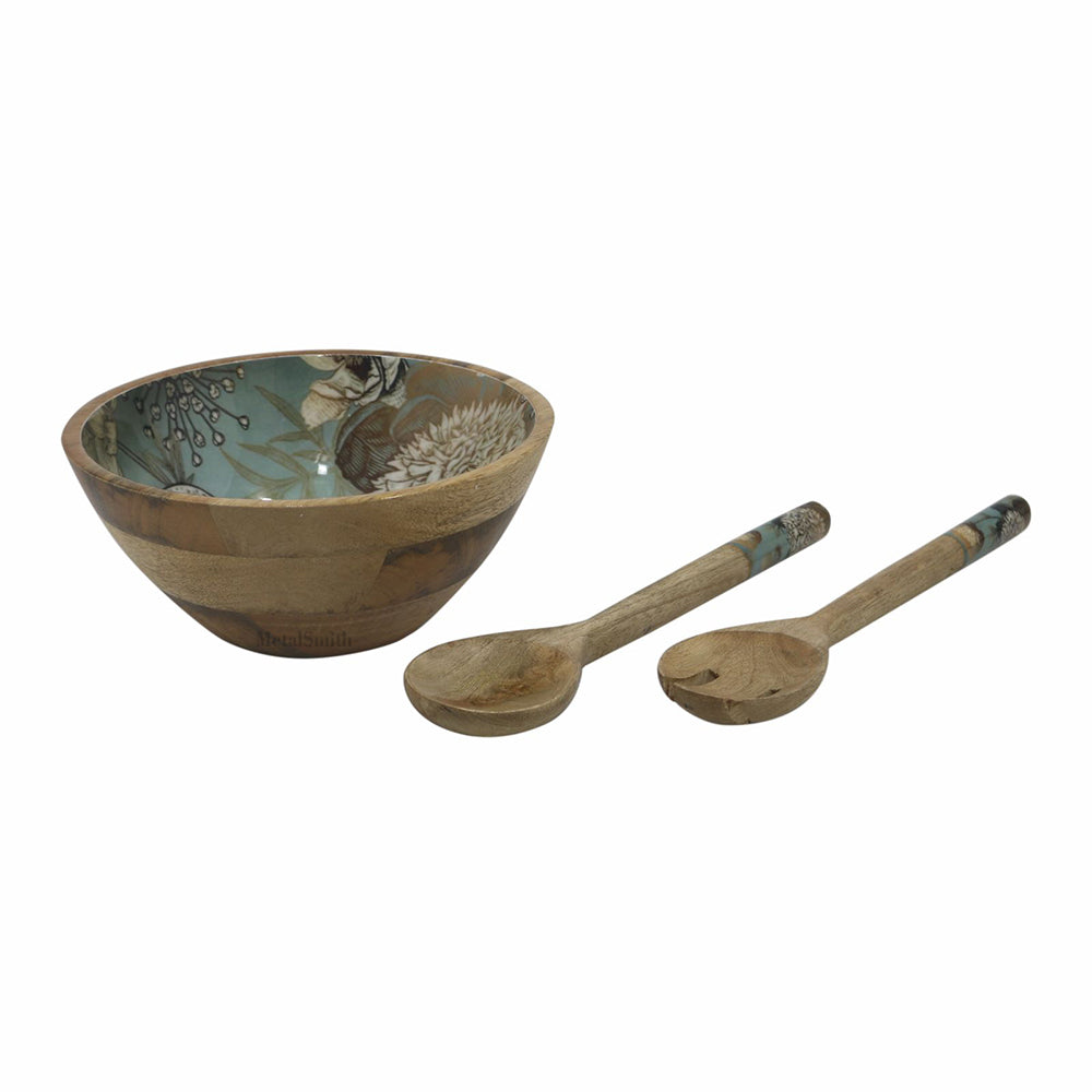 Multi-Set Wooden Serving Bowls | Natural Wood Exterior with Enamel Interior | Rustic & Modern Dinnerware